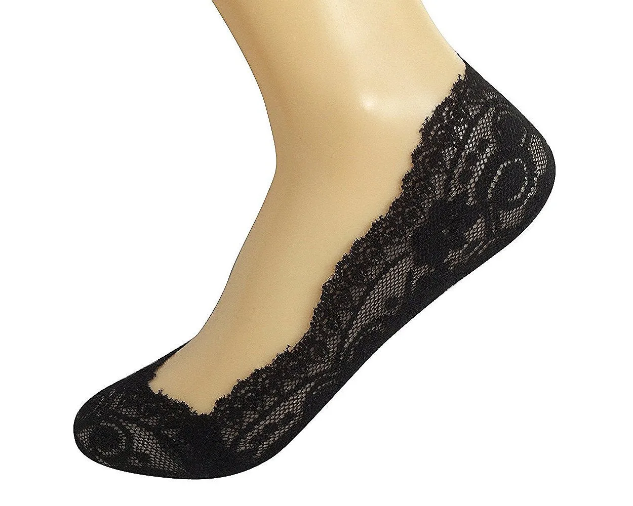 4 Pairs One Size Women Lace Non-Skid No Show Socks Set - Black and Beige