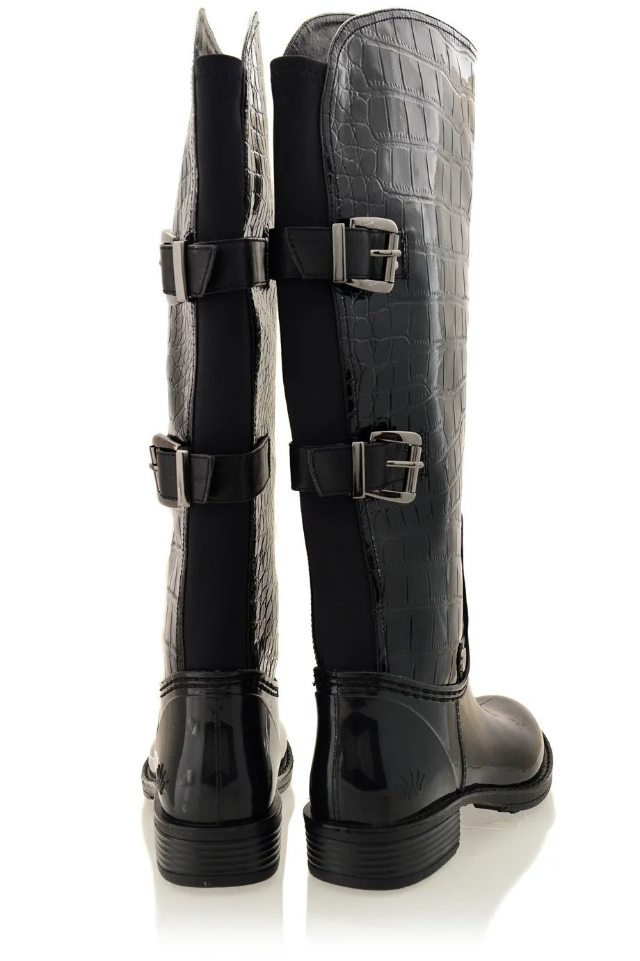 AIDA Black Croc Patent Knee-High Boots