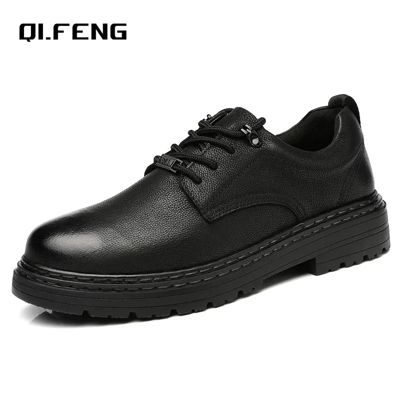 Men's Genuine Leather Large Casual Sneakers: Handsewn, Anti-Slip