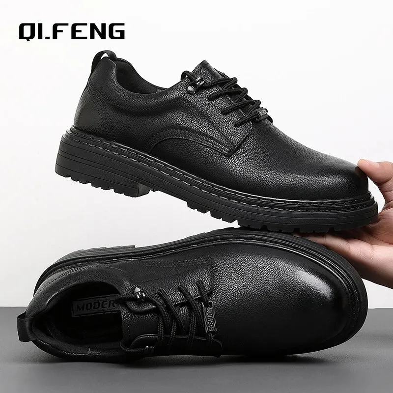 Men's Genuine Leather Large Casual Sneakers: Handsewn, Anti-Slip