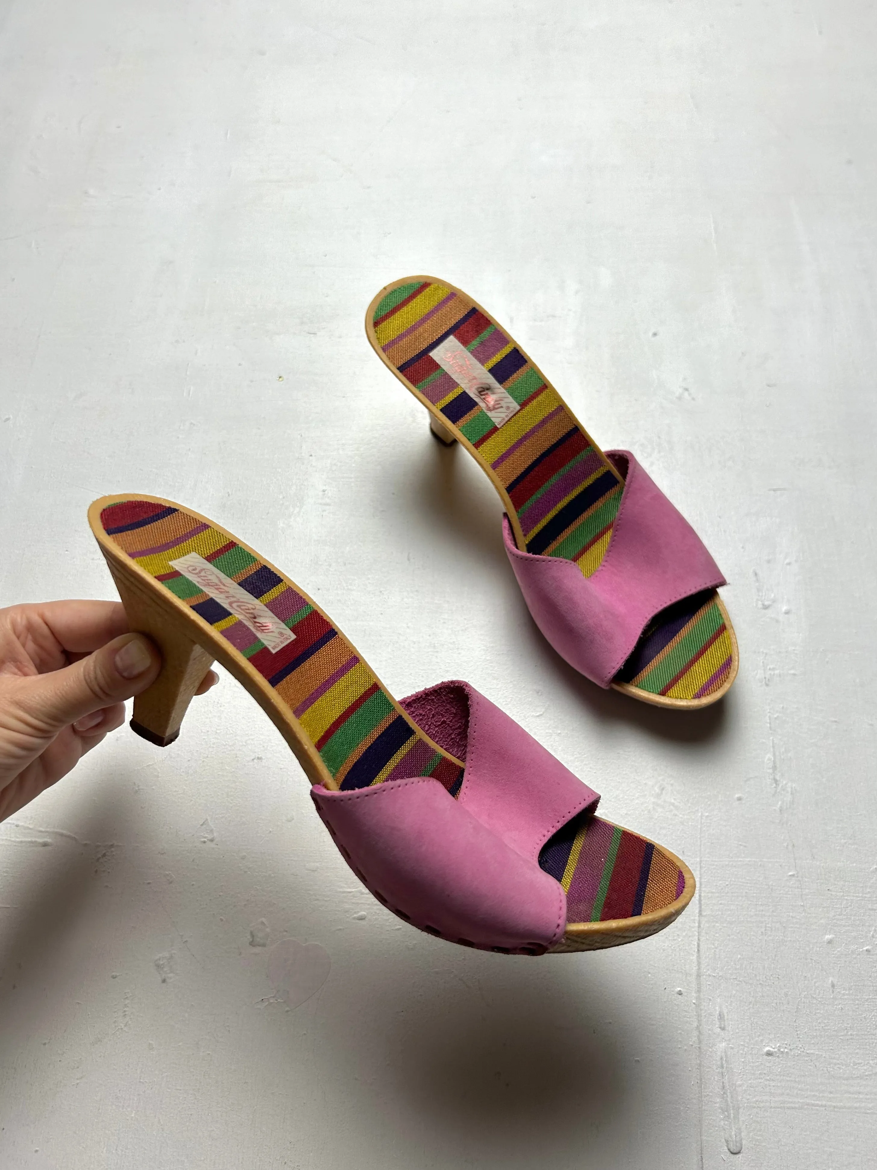 Pink suede wood heels mules y2k vintage (EUR 38)