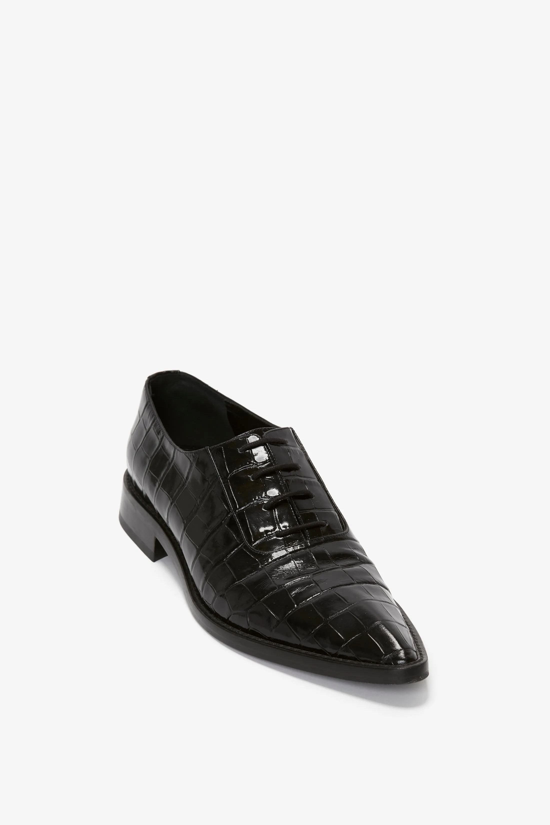 Pointy Toe Flat Lace Up In Black Croc-Effect Leather