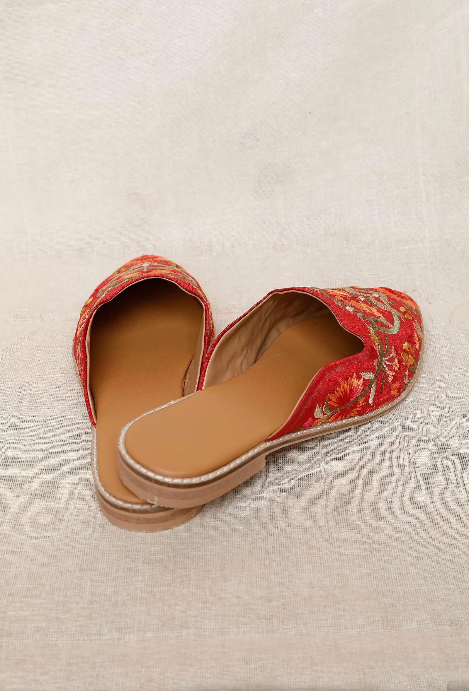 Red Embroidered Dupion Silk Mules