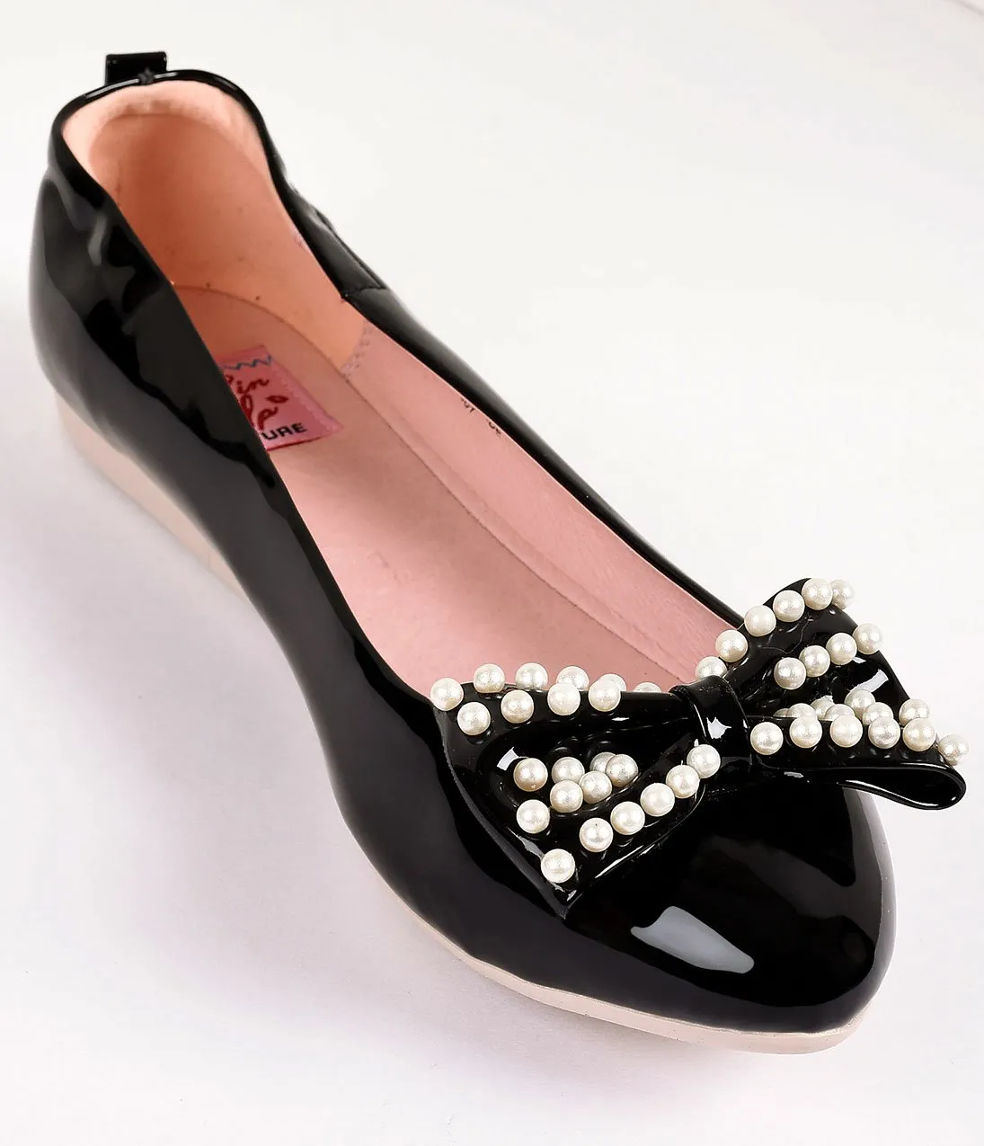 Retro Style Black Patent Leather Pearl Bow Ballet Flats