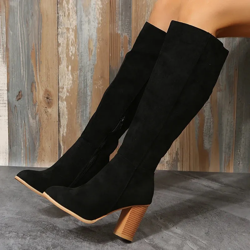 Trendy Western Leather Knee High Heel Boots